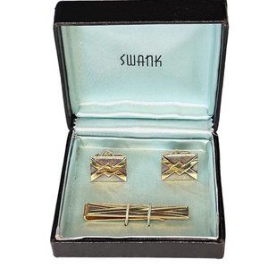 VTG Swank Gold Tone Cuff Links Tie Clip Art Deco Groom Wedding Groomsmen Gift